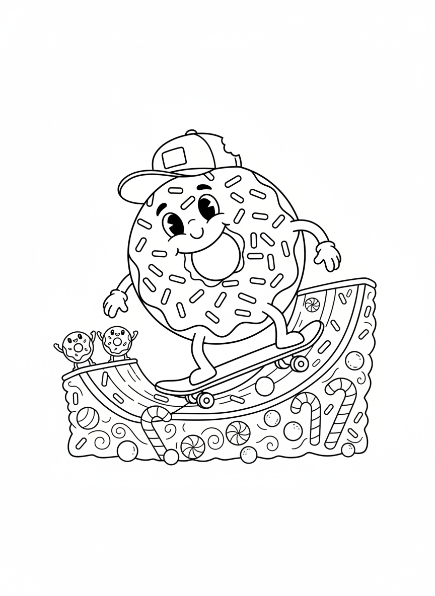 Skateboarding Donut Fun Coloring Page