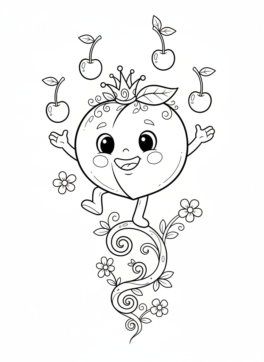 Smiling Peach Juggles Cherries Coloring Page