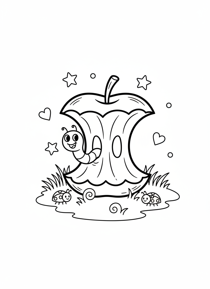 Whimsical Apple Core with Worm & Ladybugs