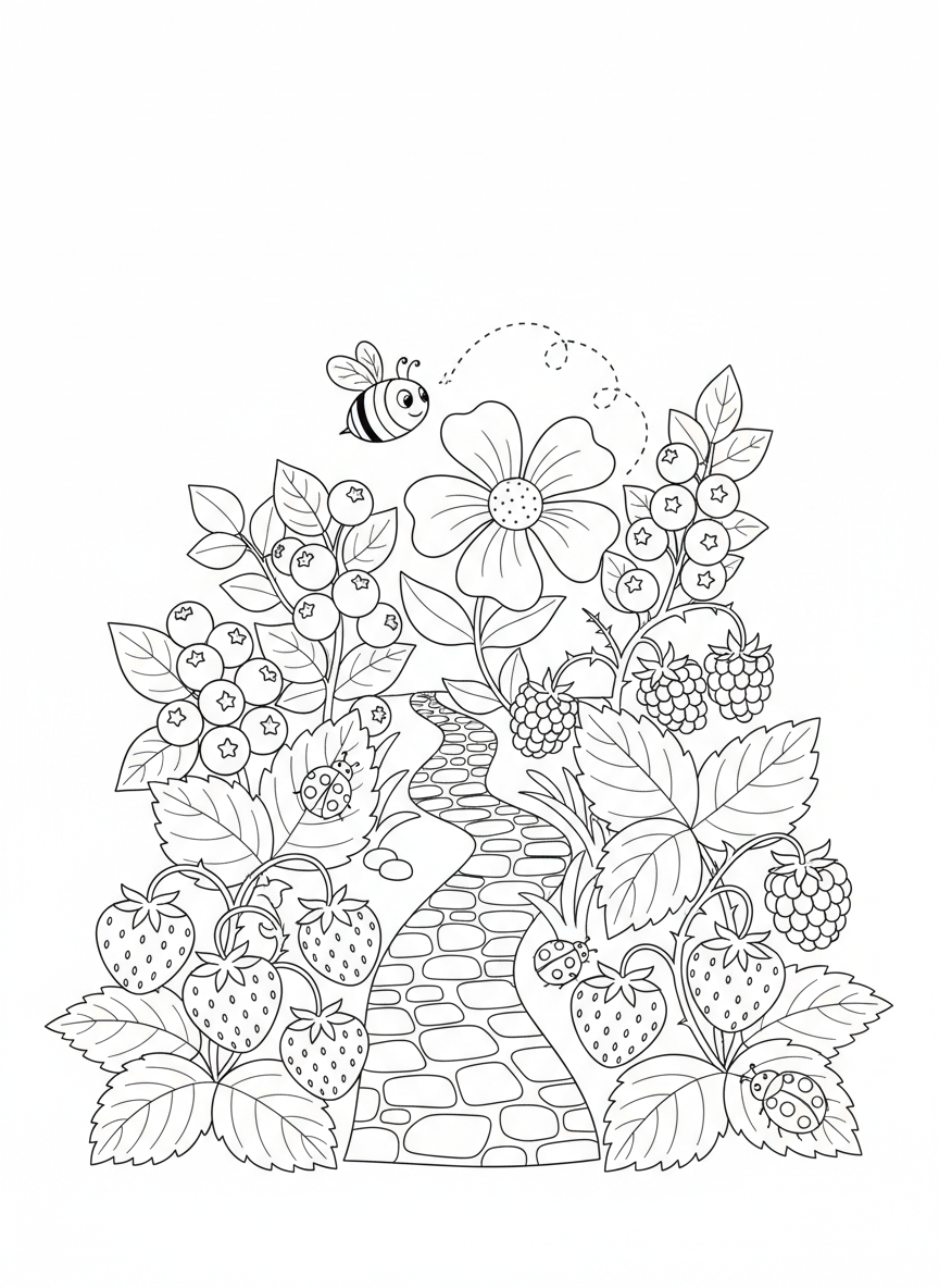 Whimsical Berry Patch Coloring Page for Kids