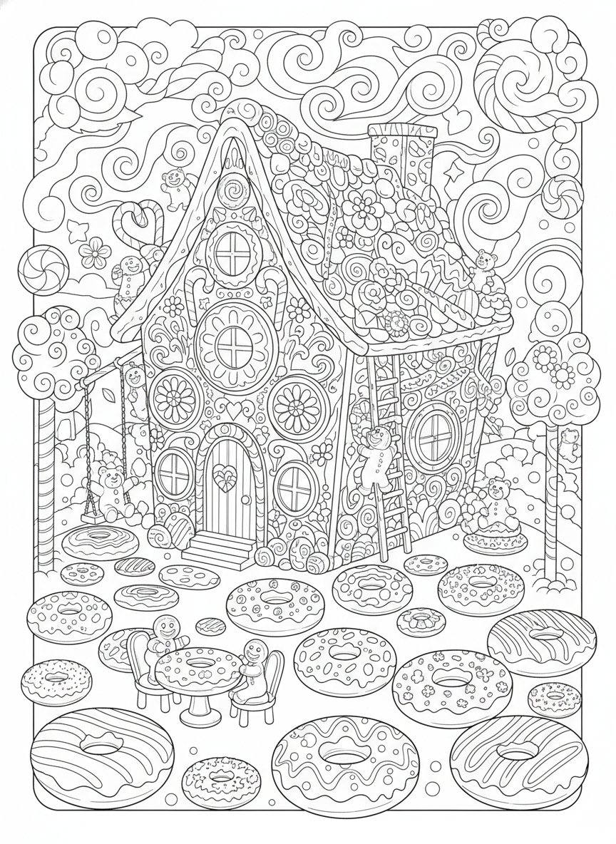 Whimsical Donut Wonderland Coloring Page for Kids