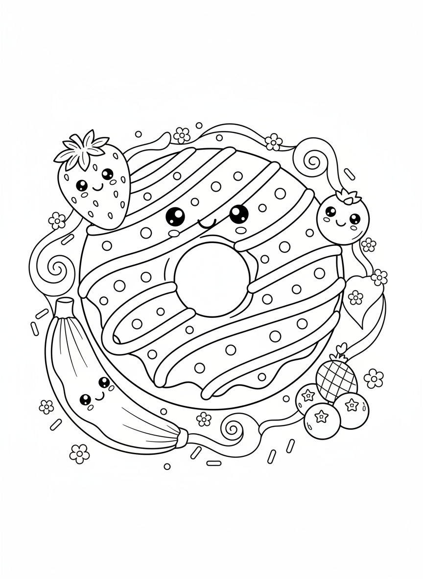 Whimsical Fruit Donut Garden Coloring Page