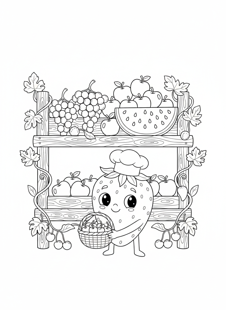 Whimsical Fruit Stand Fun Coloring Page for Kids