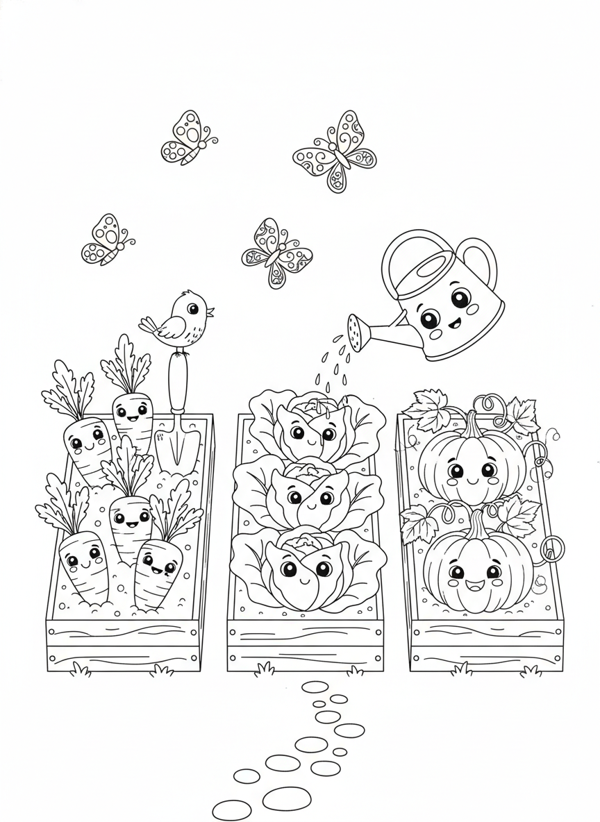 Whimsical Garden Vegetables Coloring Page for Kids