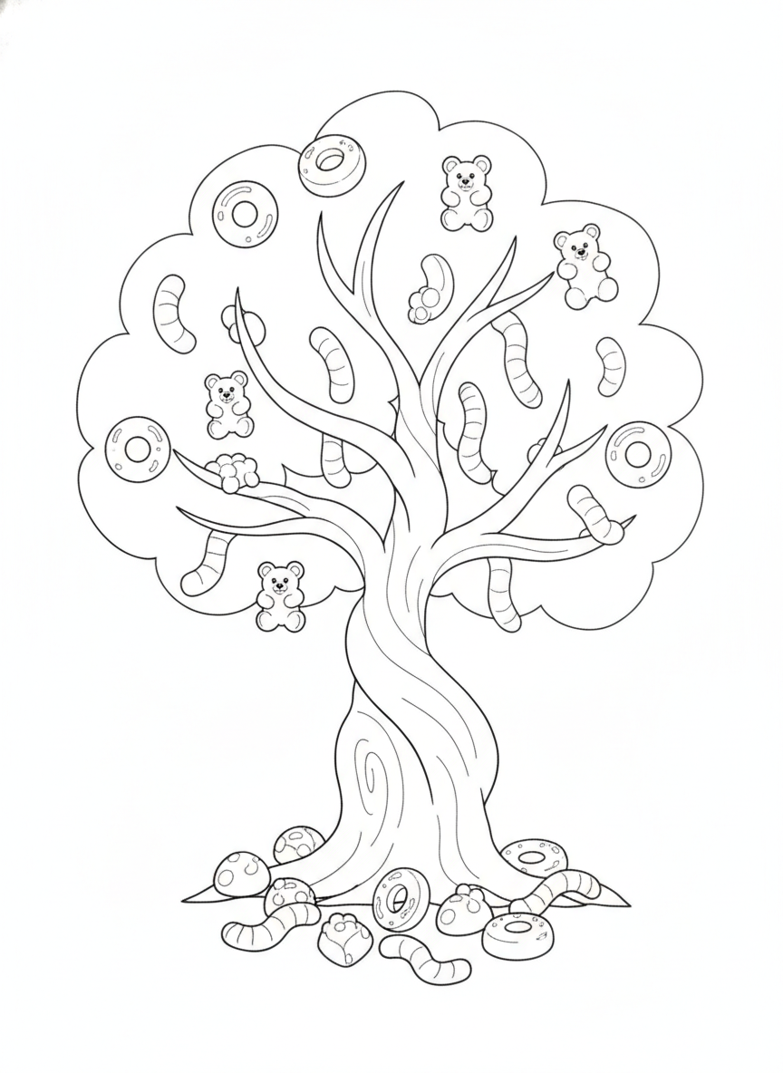 Whimsical Gummy Candy Tree Coloring Page for Kids