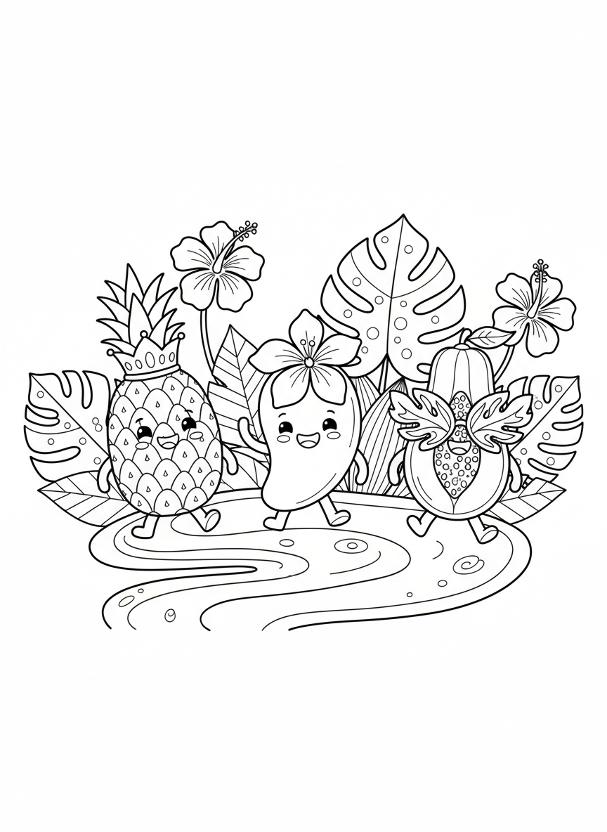 Whimsical Tropical Fruit Parade Coloring Page for Kids