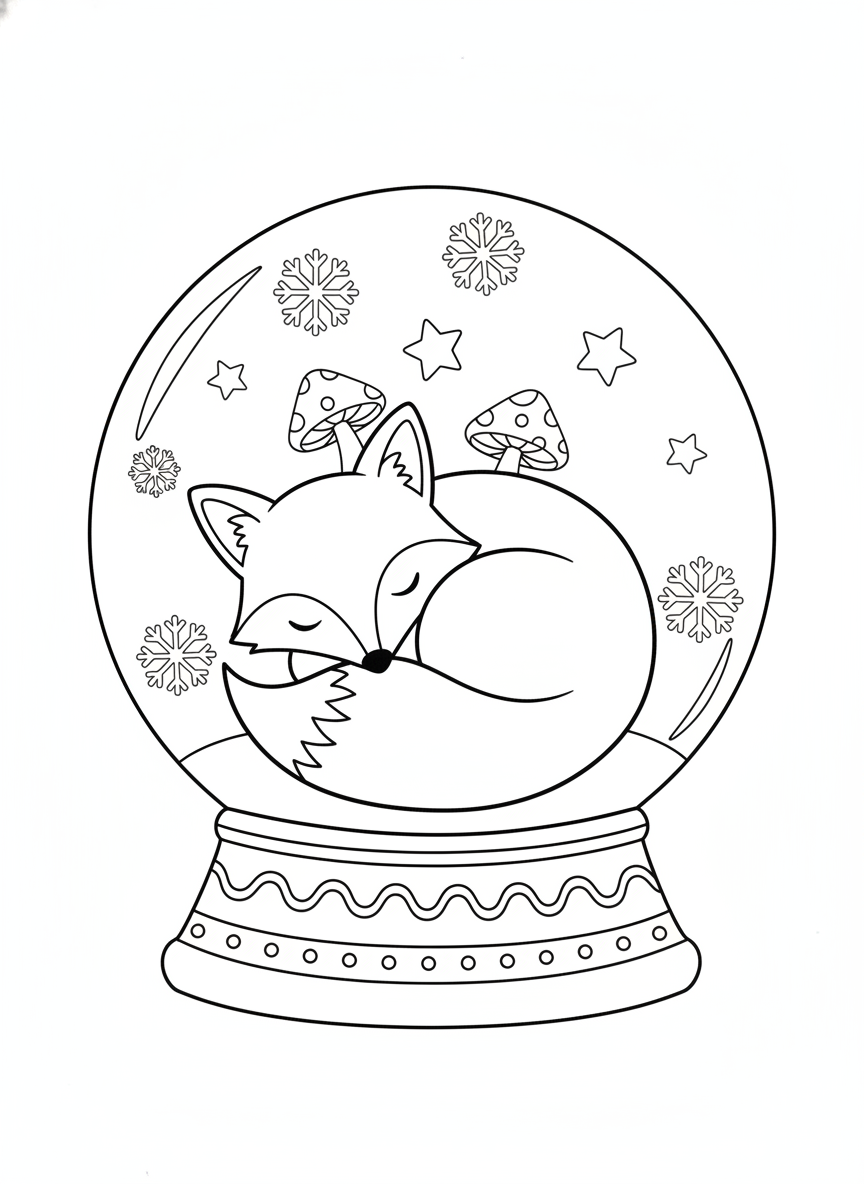 Dreamy Fox Snow Globe Coloring Page
