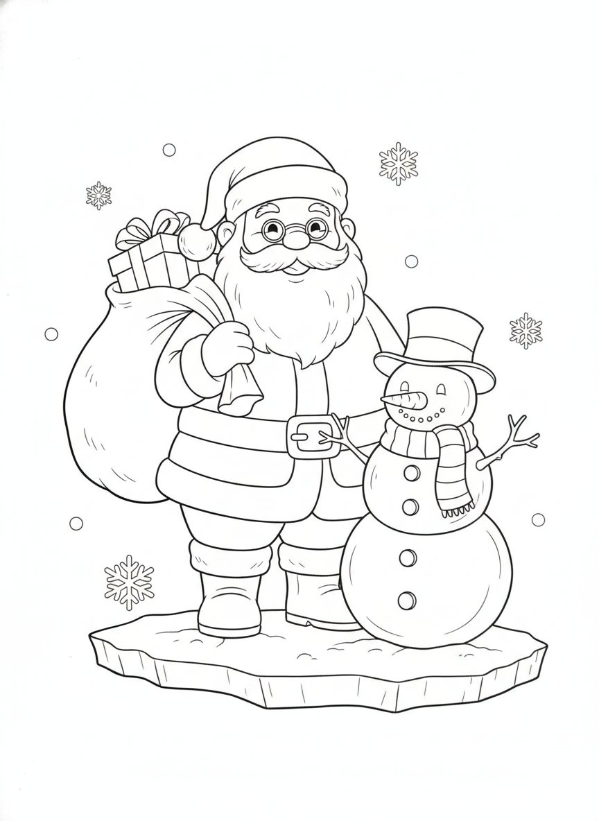 Adorable Santa & Snowman Ice Sculptures Coloring Page