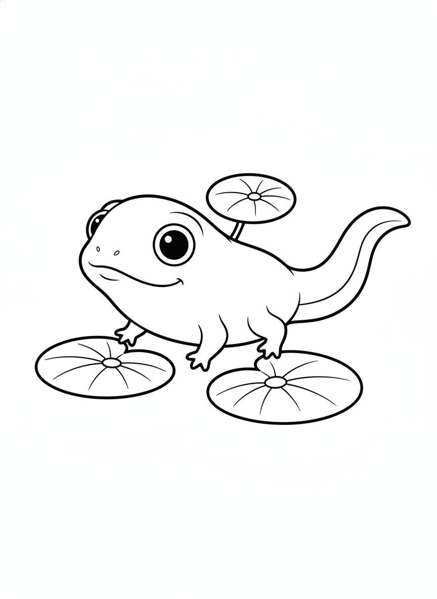 Adorable Tadpole Coloring Page: Simple Water Plants & Friendly Eye