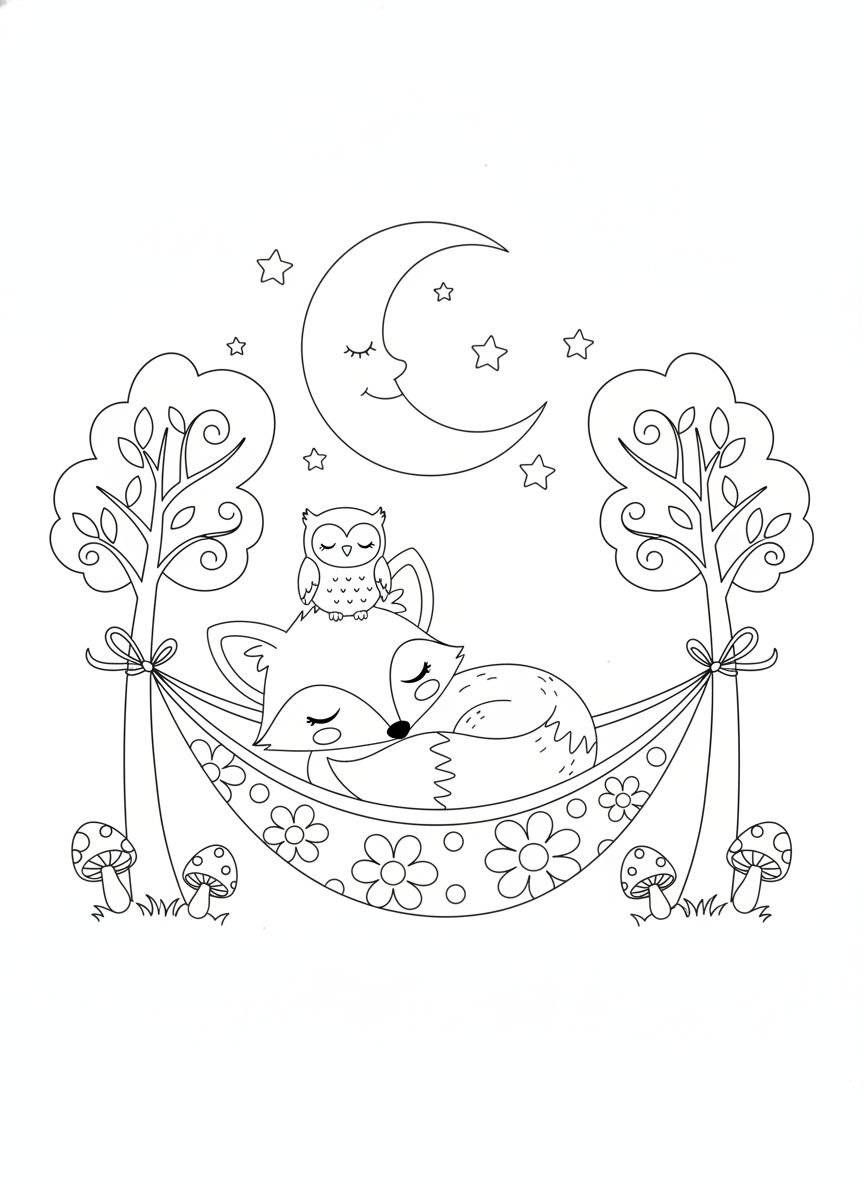 Cozy Forest Friends: Sleeping Fox and Owl in a Hammock Coloring Page