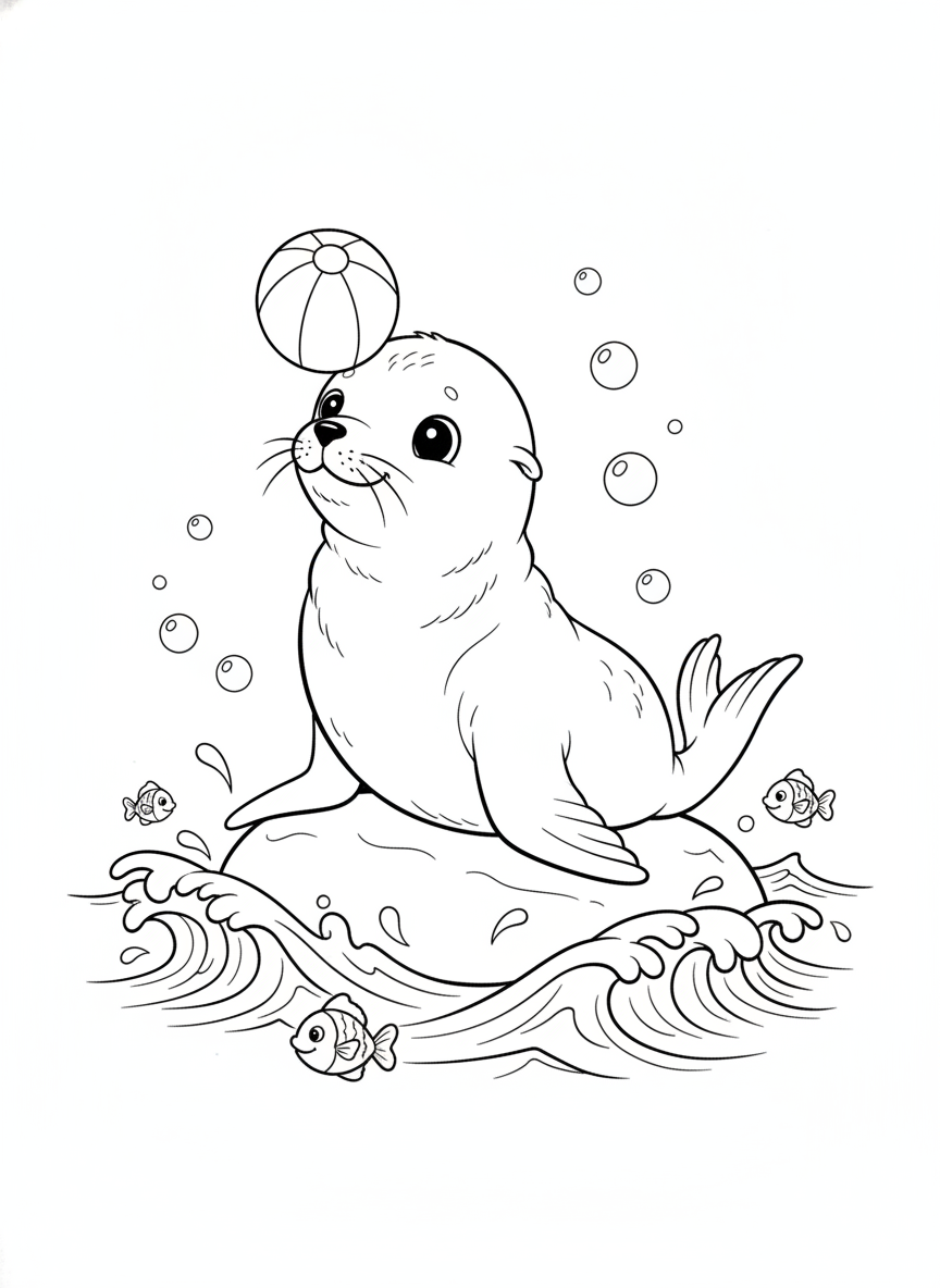 Cute Baby Sea Lion Playing with Beach Ball Coloring Page