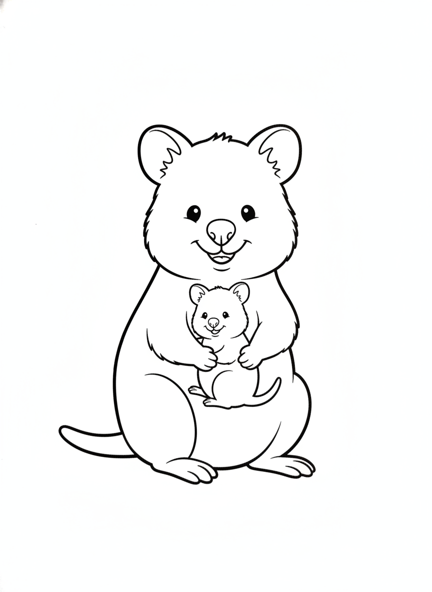 Cute Mother Quokka and Baby Joey Coloring Page for Kids