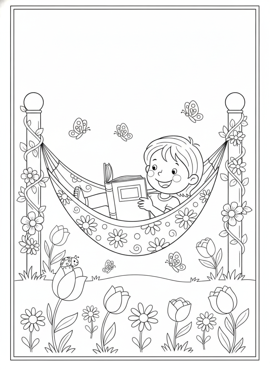 Joyful Child Reading in a Garden Hammock Coloring Page