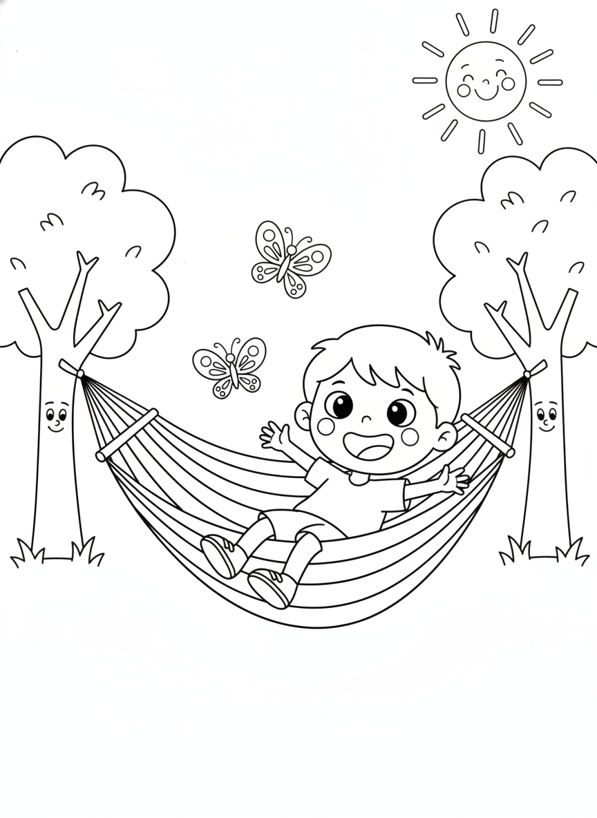 Joyful Child Swinging in Rainbow Hammock Coloring Page
