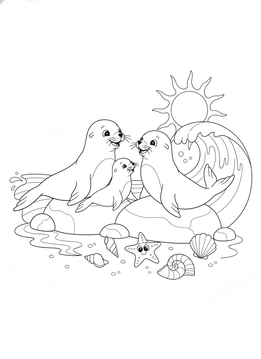 Playful Sea Lion Family on a Sunny Beach Coloring Page