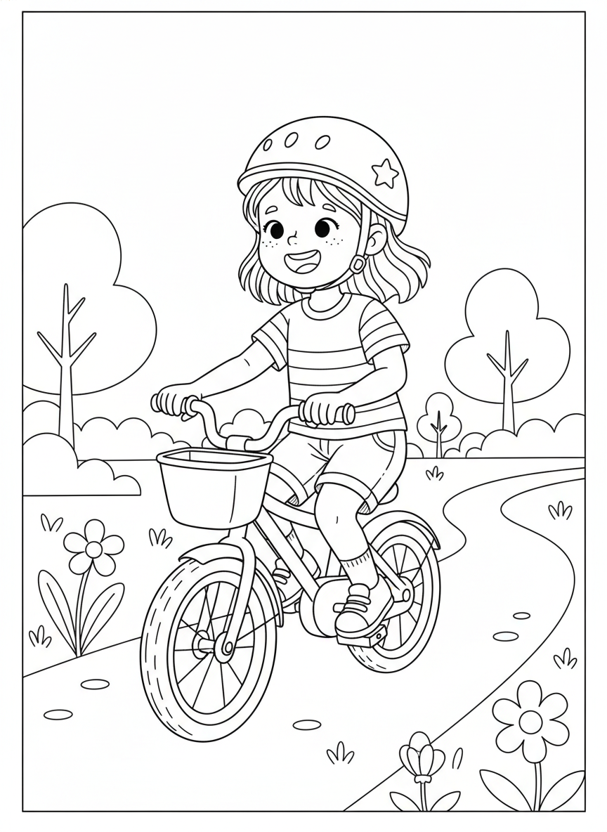 Girl Riding Her Bicycle Coloring Page