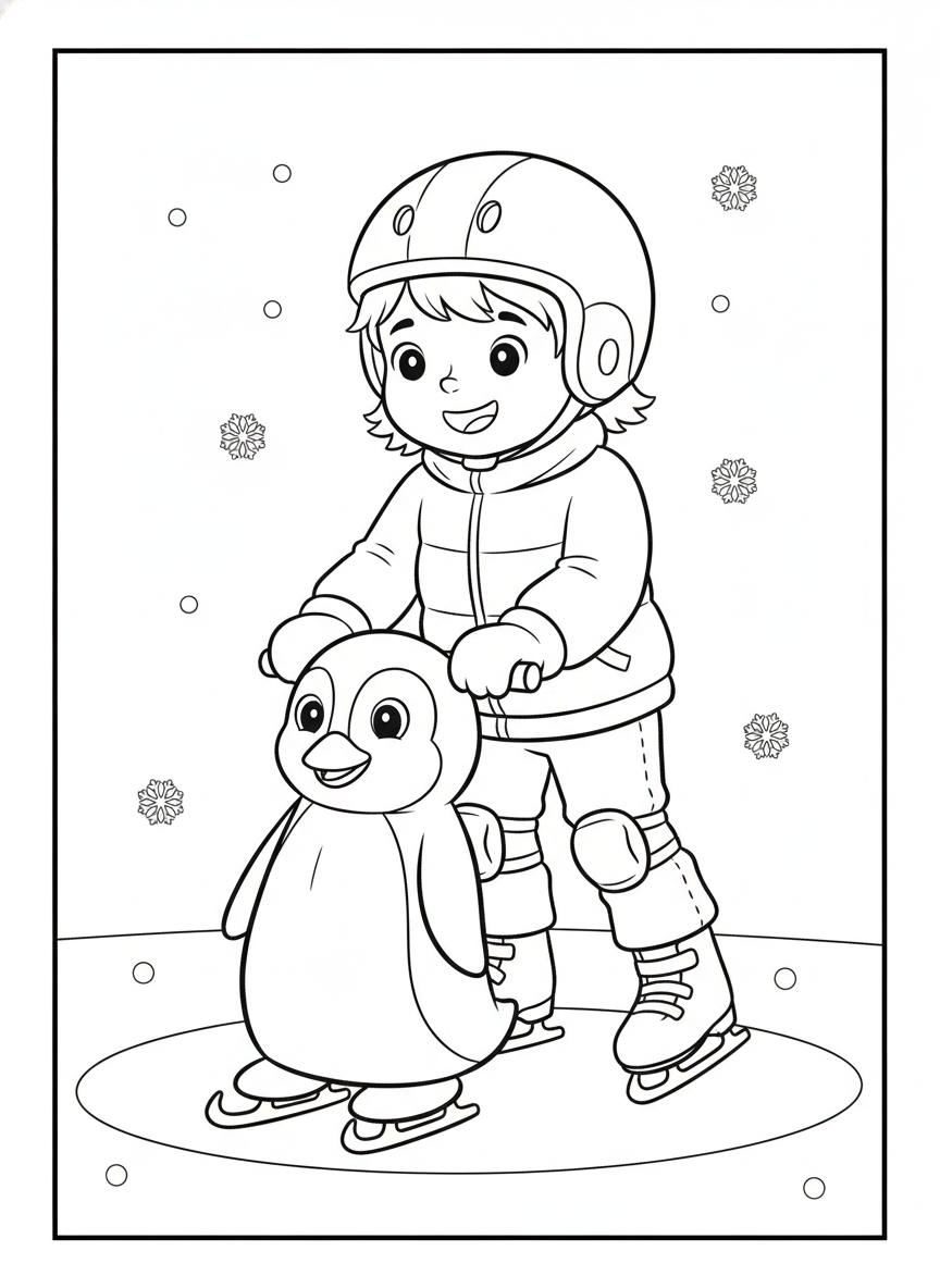 Adorable Child's First Ice Skating Adventure with Penguin Friend