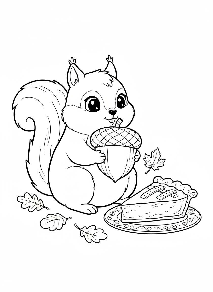 Adorable Thanksgiving Squirrel with Pumpkin Pie Coloring Page for Kids