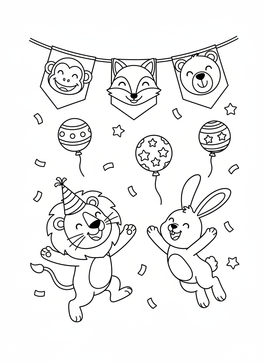 Animal Party Banner Fun Coloring Page