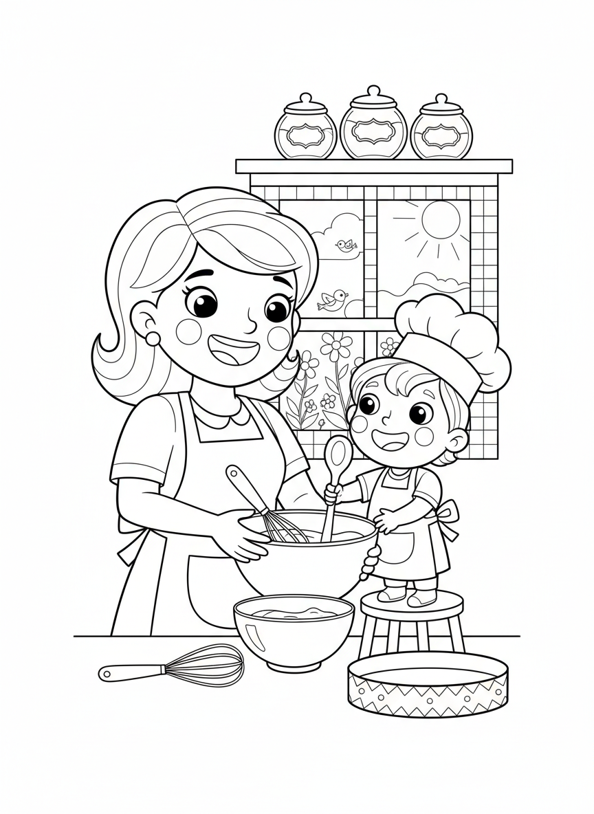 Baking a Cake for Mom Coloring Page