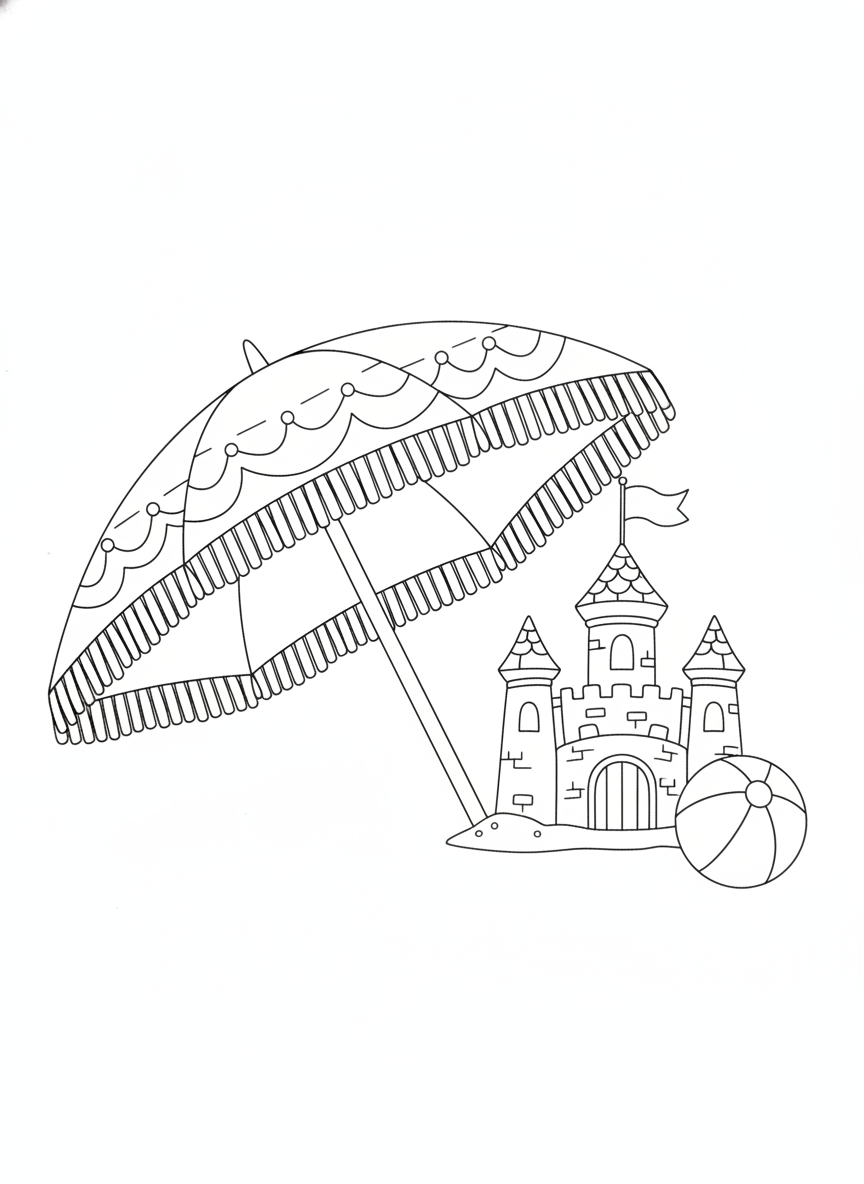 Beach Day Fun: Umbrella, Sandcastle & Ball Coloring Page