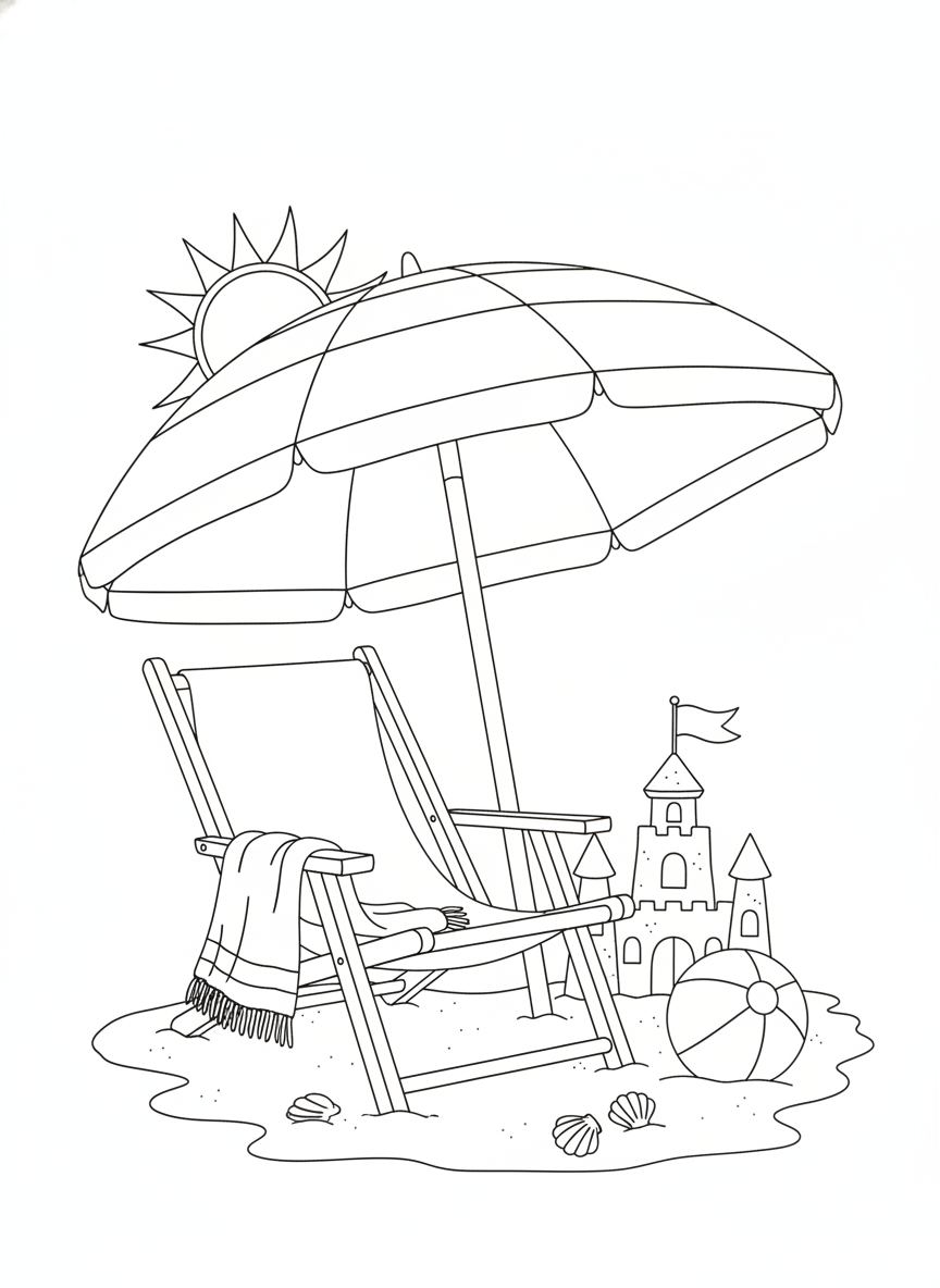 Cheerful Beach Day Coloring Page for Kids: Umbrella, Chair & Sandcastle Fun!