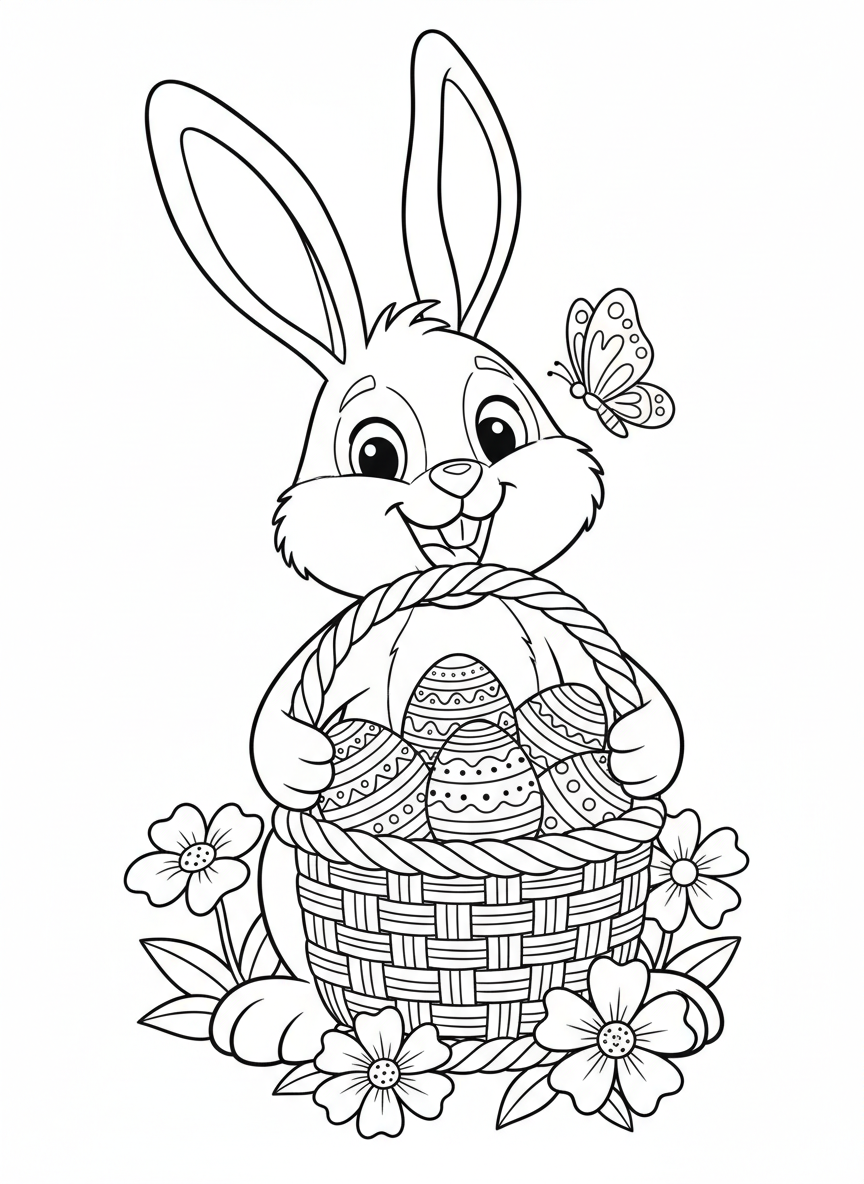 Cheerful Easter Bunny with Basket & Spring Flowers Kids Coloring Page
