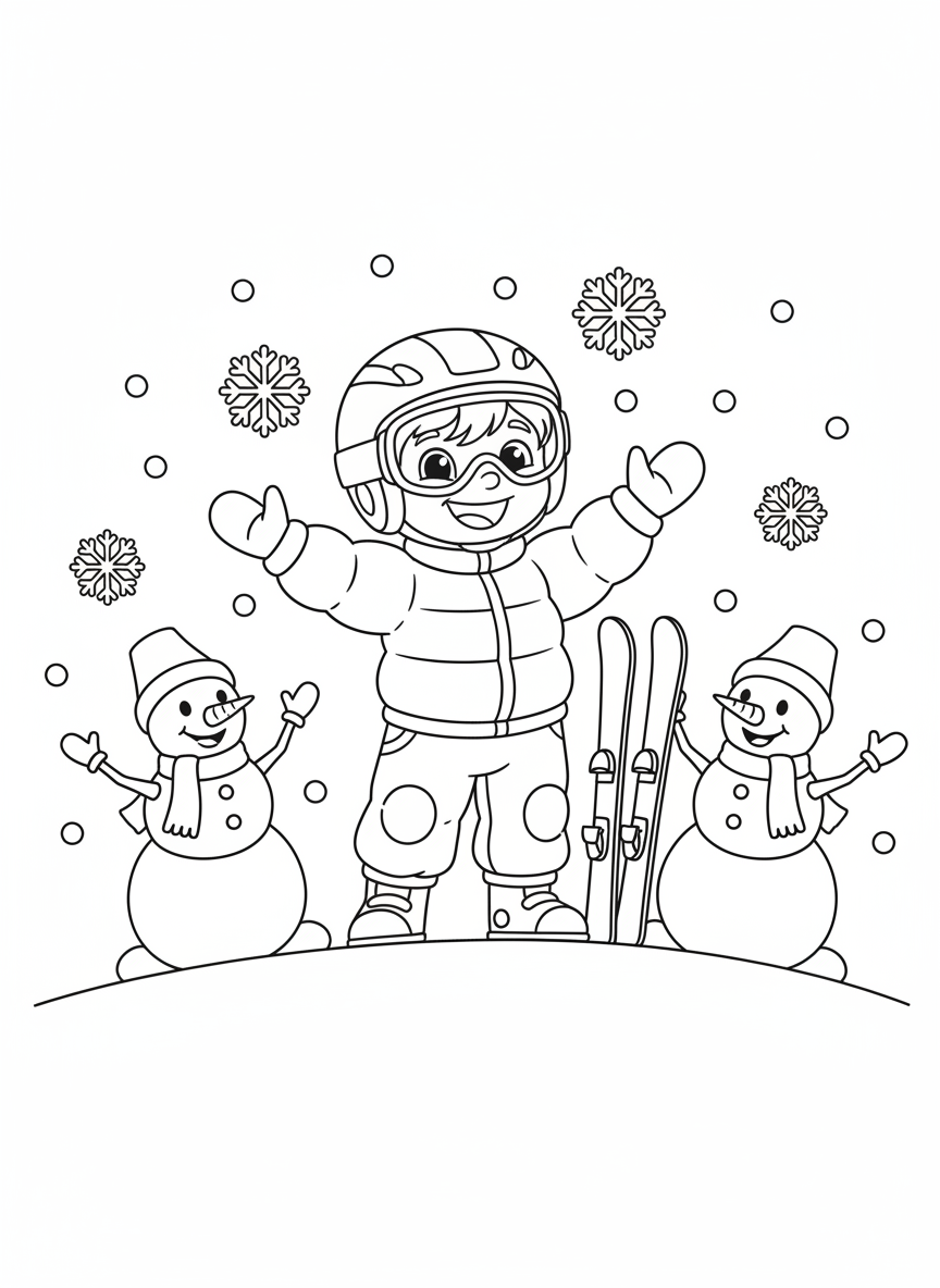 Cheerful Kid Skiing with Snowmen Coloring Page