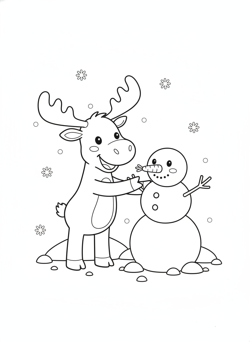 Cheerful Moose Builds a Snowman: A Fun Winter Coloring Page