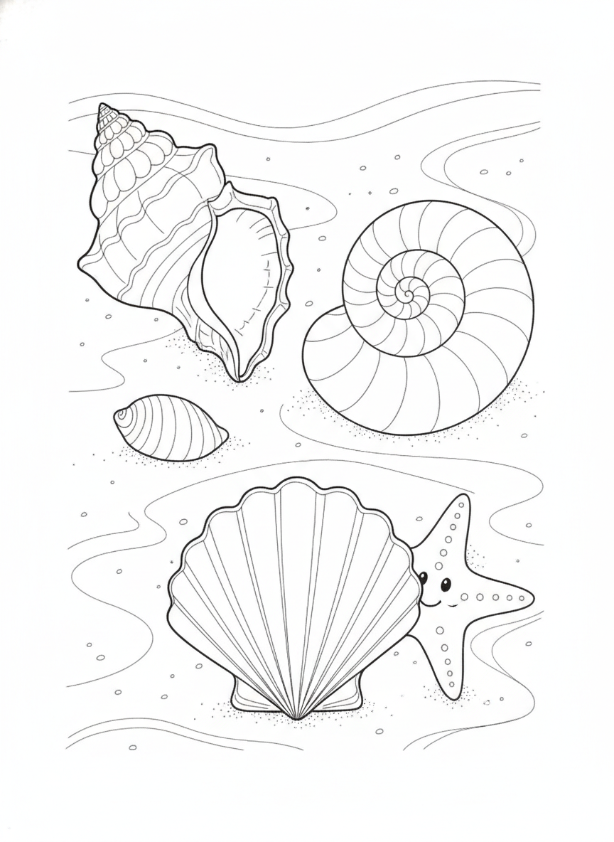 Cheerful Seashells on the Beach Coloring Page for Kids