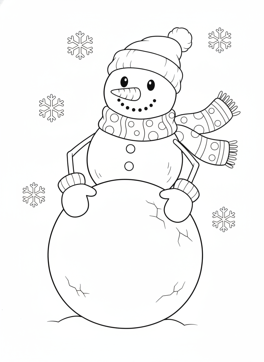 Cheerful Snowman Building Snowball Coloring Page for Kids