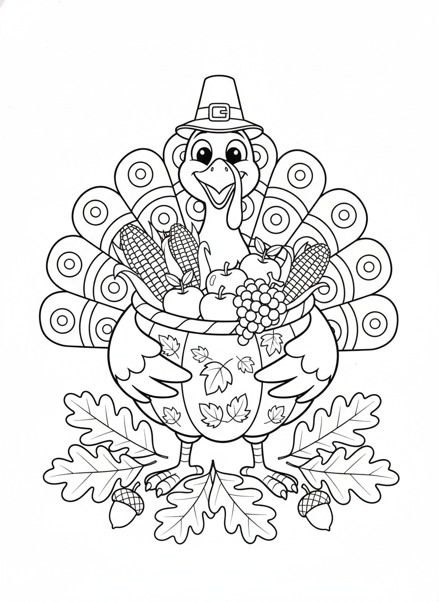 Cheerful Thanksgiving Turkey Coloring Page with Pumpkin Basket