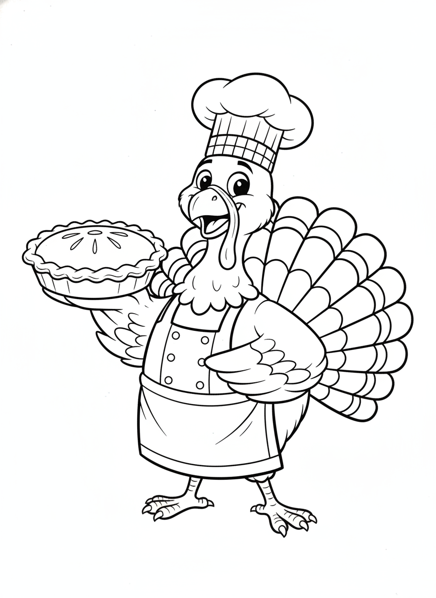 Chef Turkey with Pumpkin Pie Thanksgiving Coloring Page