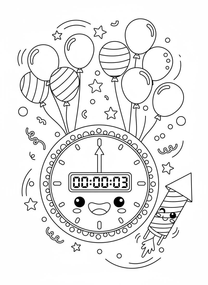 Countdown Fun! Clock & Firework Coloring Page