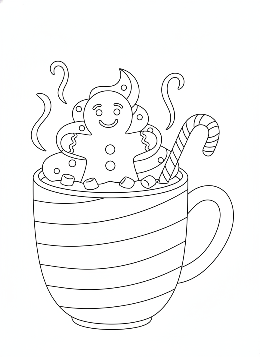 Cozy Gingerbread Man in Hot Chocolate Coloring Page for Kids
