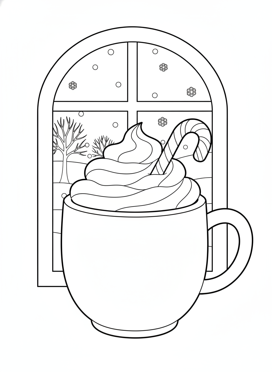 Cozy Hot Chocolate & Candy Cane Winter Coloring Page