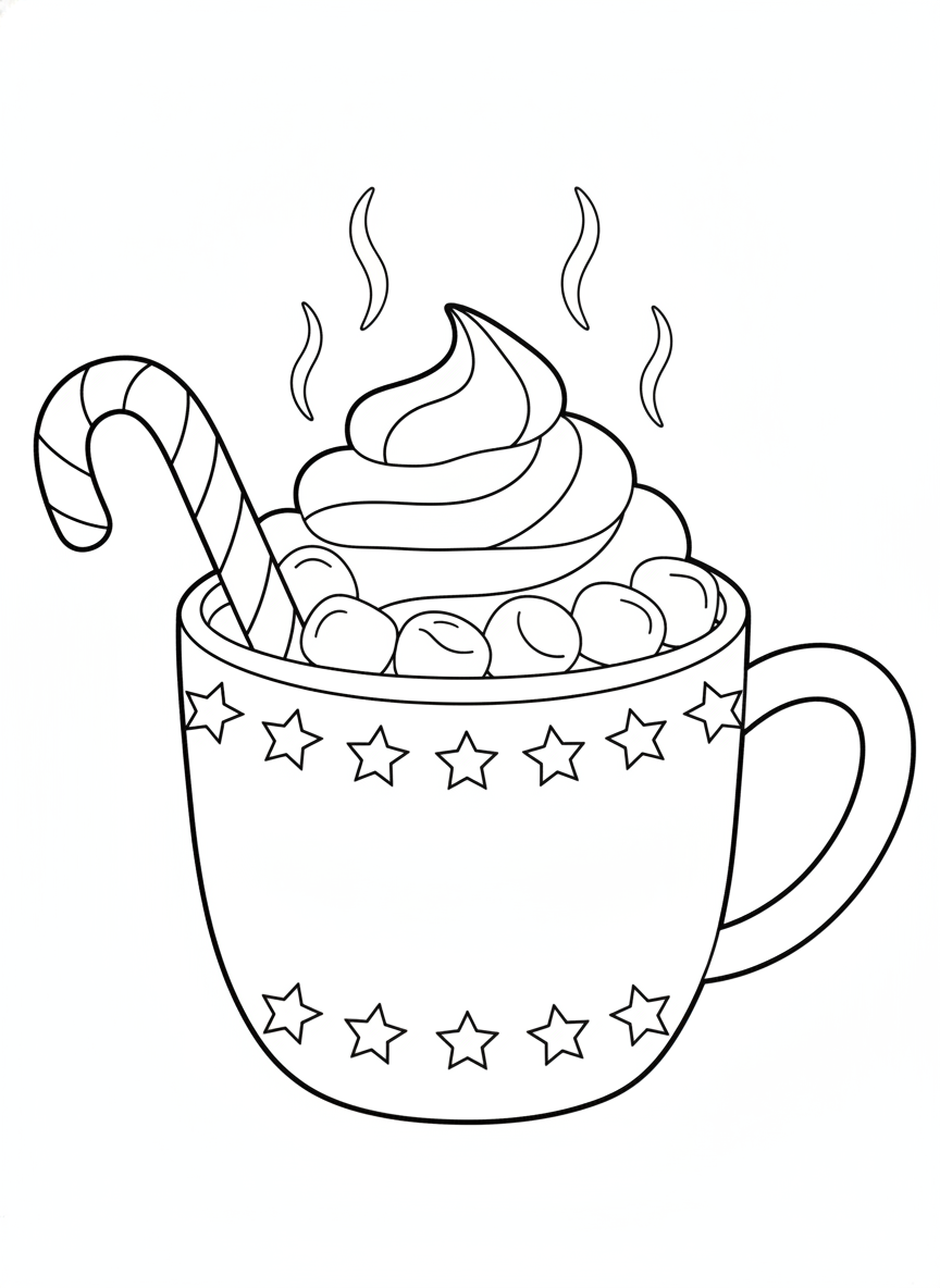 Cozy Hot Chocolate Mug with Marshmallows & Candy Cane Coloring Page