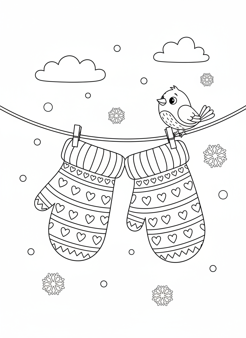 Cozy Mittens & Curious Bird Coloring Page