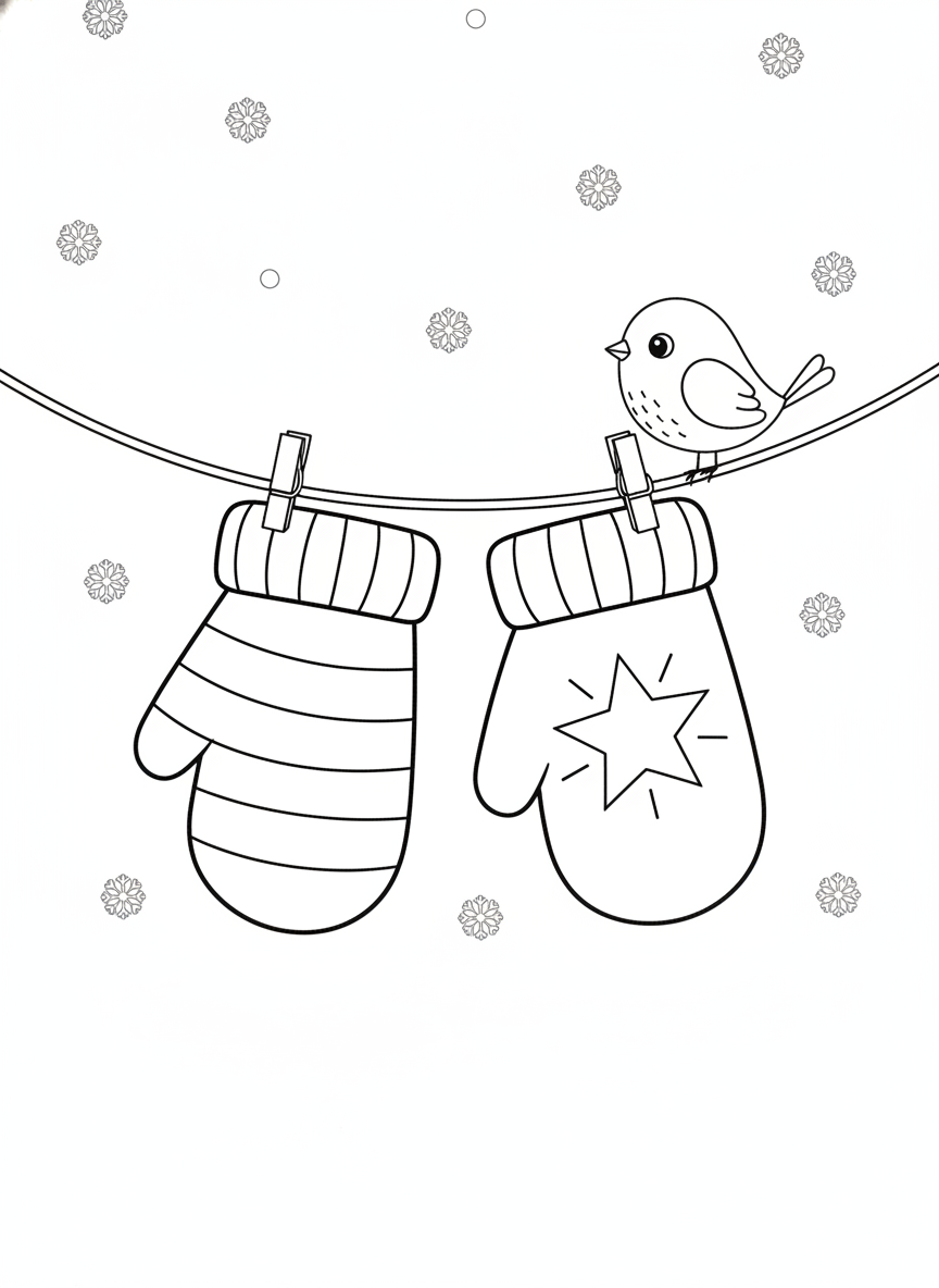 Cozy Winter Mittens & Bird Coloring Page for Kids