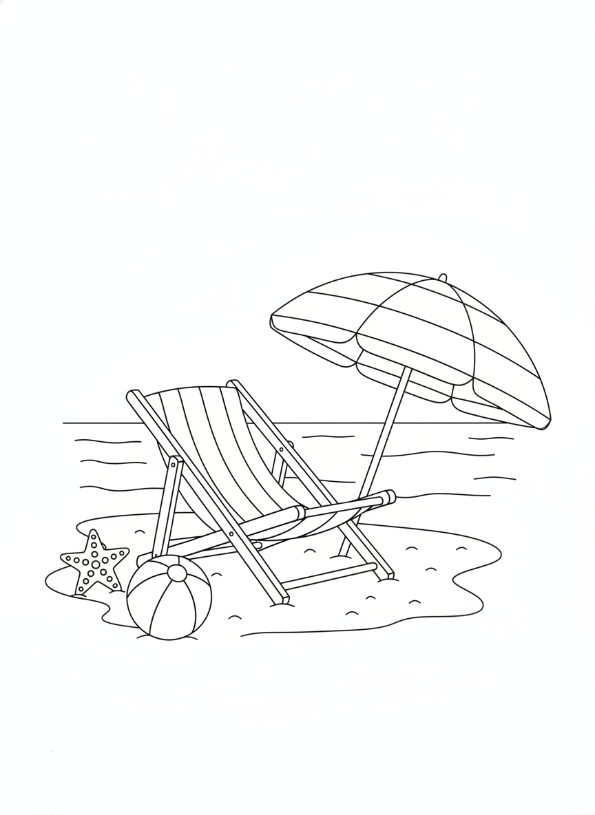 Cute Beach Day Coloring Page for Kids: Chair, Umbrella & Starfish