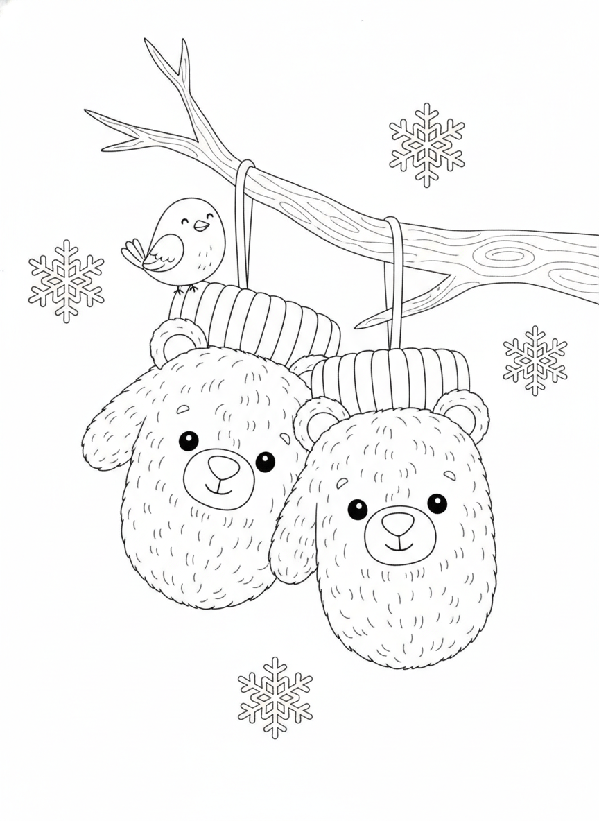 Cute Bear Mittens & Bird on Branch Coloring Page