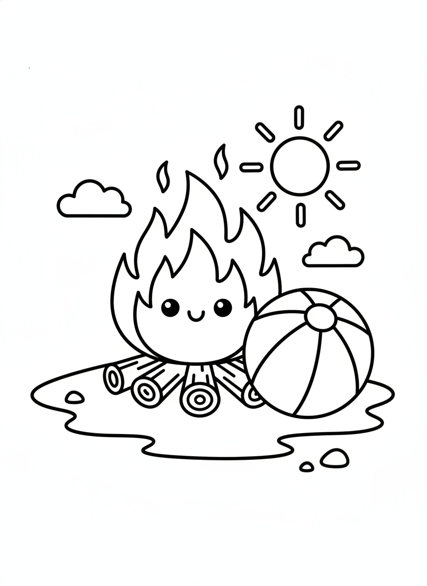 Cute Bonfire & Beach Ball Coloring Page for Kids