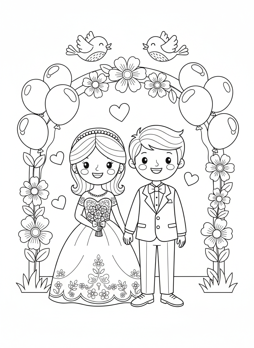 Cute Bride & Groom Wedding Day Coloring Page for Kids