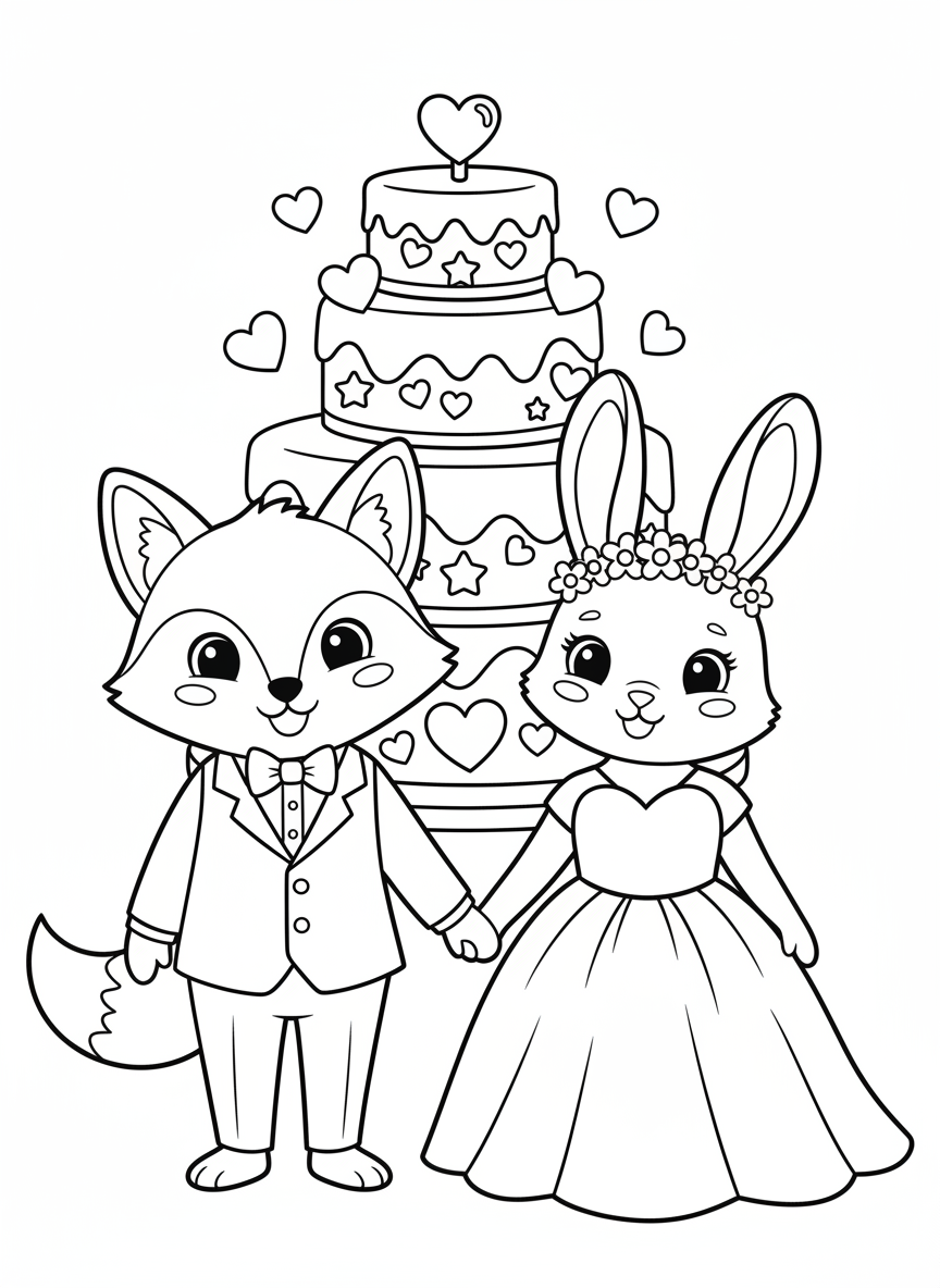Cute Cartoon Animal Wedding Coloring Page