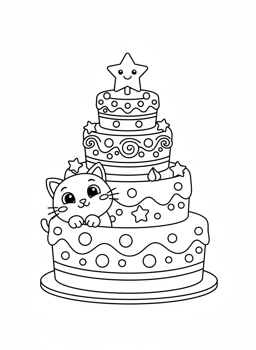 Cute Cat and Tiered Birthday Cake Coloring Page for Kids