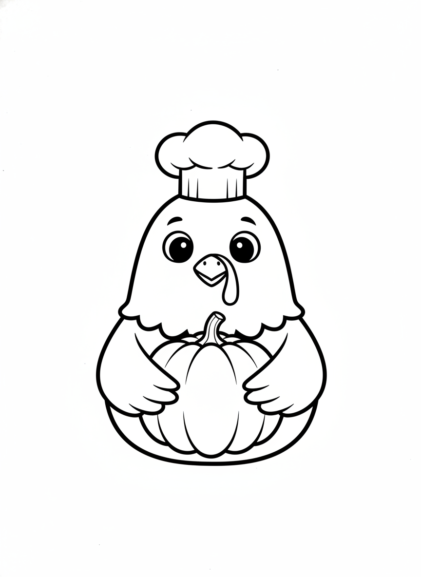 Cute Chef Turkey with Pumpkin Coloring Page