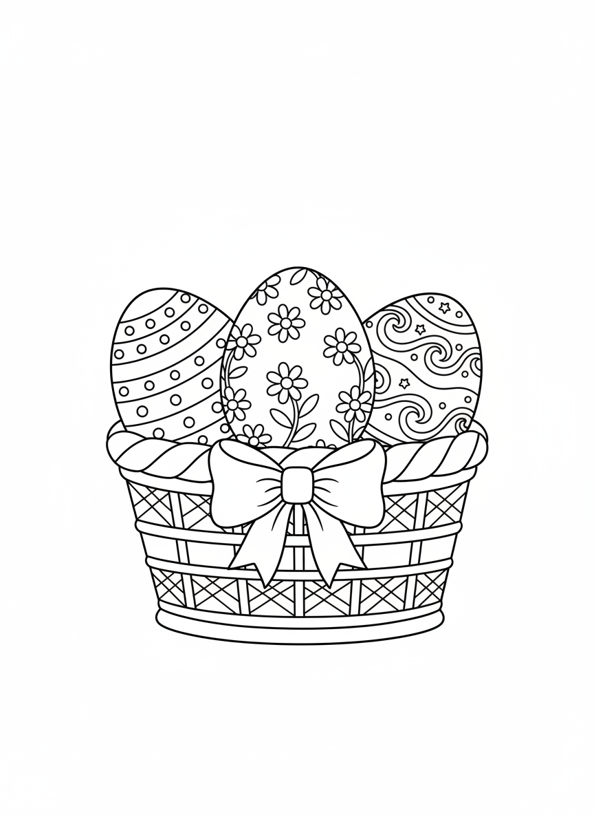 Cute Easter Eggs in a Basket Coloring Page for Kids