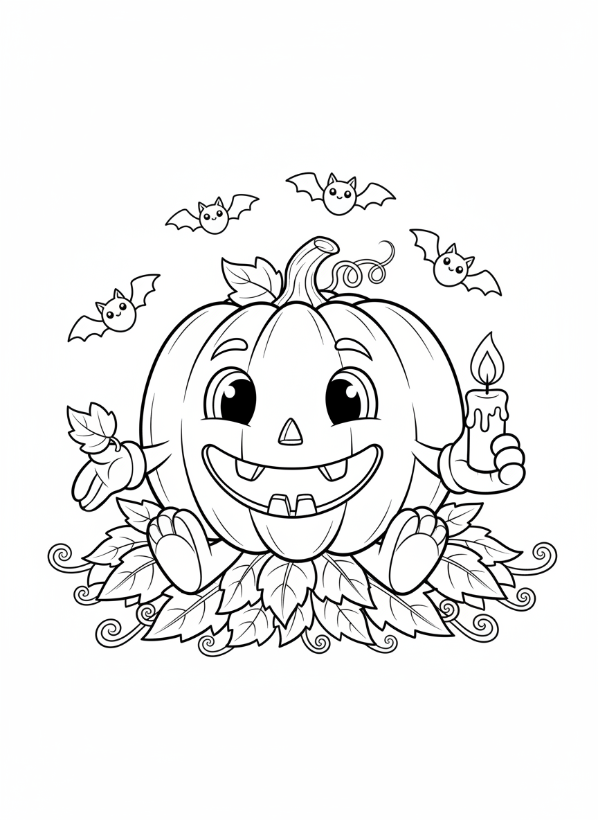 Cute Halloween Pumpkin & Bats Coloring Page