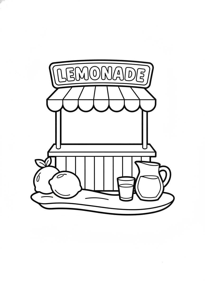 Cute Lemonade Stand Coloring Page: Summer Fun on the Beach