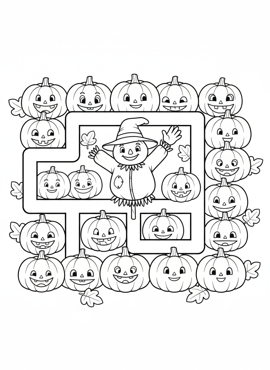 Cute Pumpkin Patch Maze Coloring Page for Kids